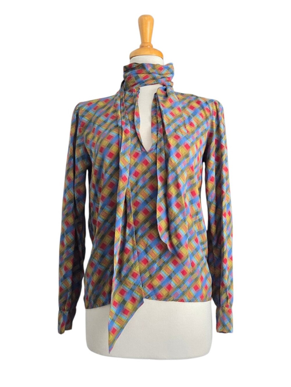Yves Saint Laurent Rive Gauche Plaid Silk Blouse Size 40 Vintage Preppy